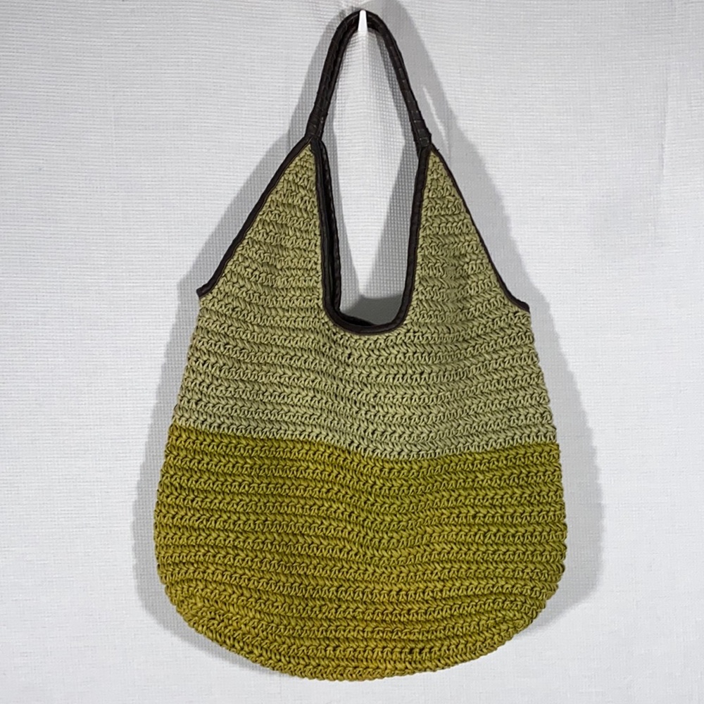 Eddie Bauer boho woven straw shoulder bag tote leather trim